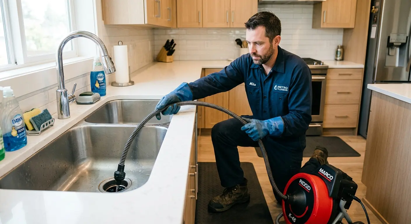 Drain cleaning technician using a motorized snake on a kitchen sink in Tyler