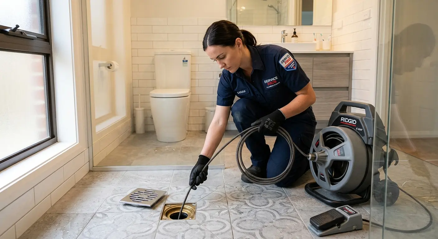 Technician clearing a bathroom floor drain for Hydro Jetting in Tyler